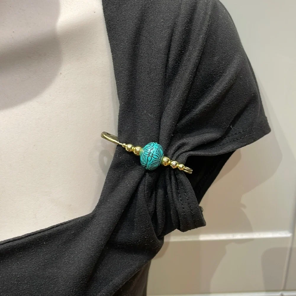 Vintage handmade teal blue beaded safety pin strap brooch set